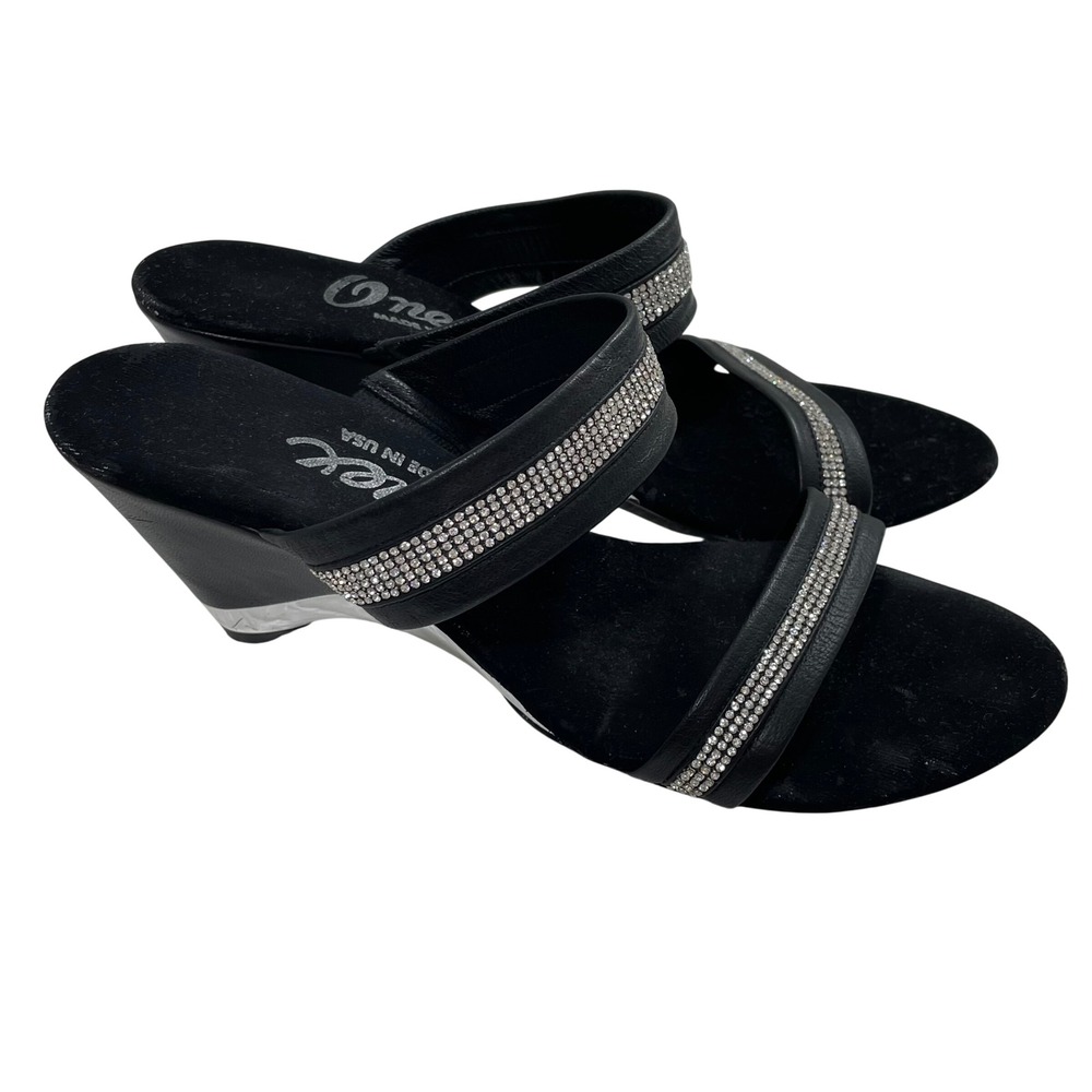 Onex Black Rhinestone Wedge Sandals Silver Chrome Heel Slide Made in Italy 40 10